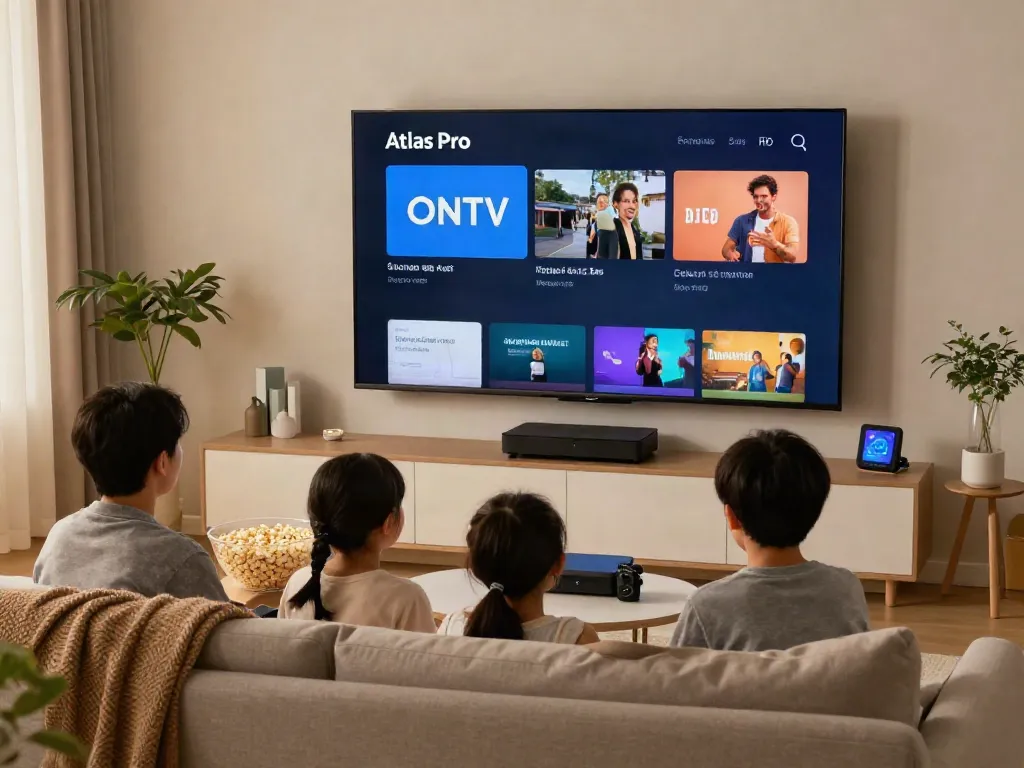 Profitez de +12 000 chaînes avec Atlas Pro ONTV dans un salon moderne.