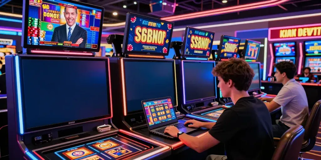 Scène de casino en ligne avec un joueur profitant d'un bonus sans dépôt casino sur son ordinateur portable, ambiance colorée et dynamique.