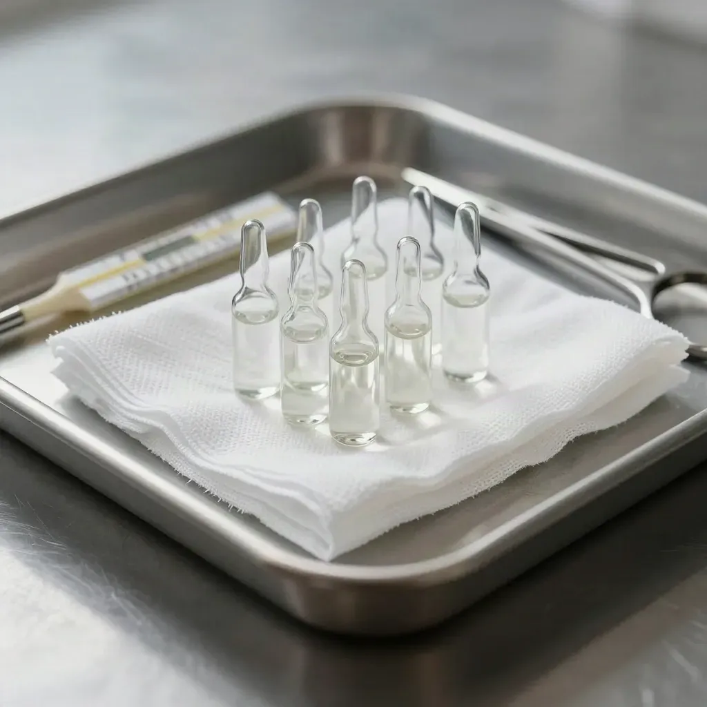 Plateau médical en inox avec ampoules, gaze, étui de thermomètre et pinces, vue macro.