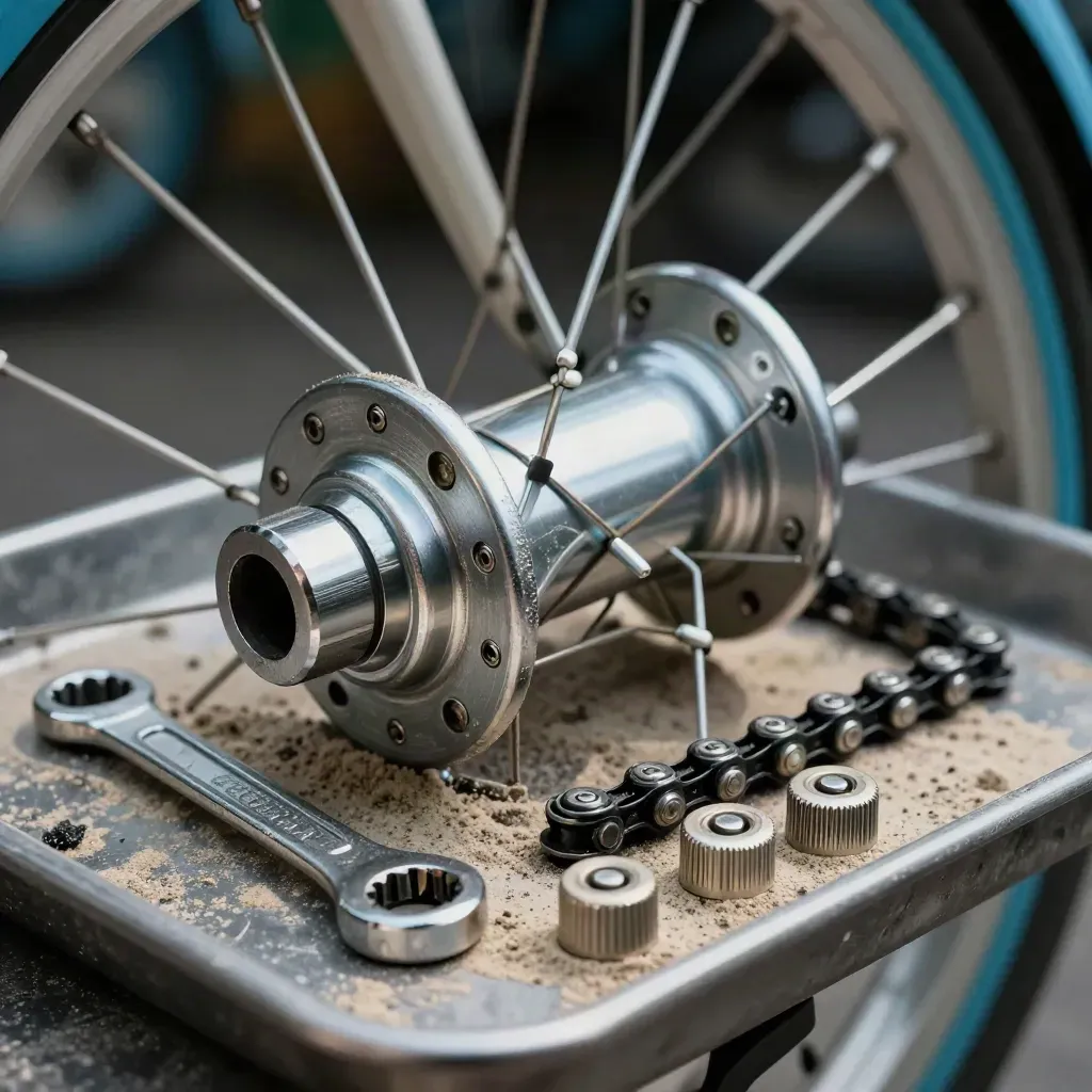 Gros plan de pièces de vélo en aluminium, chaîne, clé à rayons et capuchons sur métal.