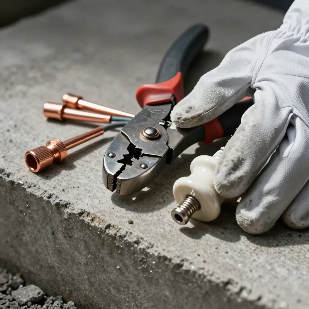 Gants isolants, pince à sertir et isolateur céramique sur béton, lumière dure.