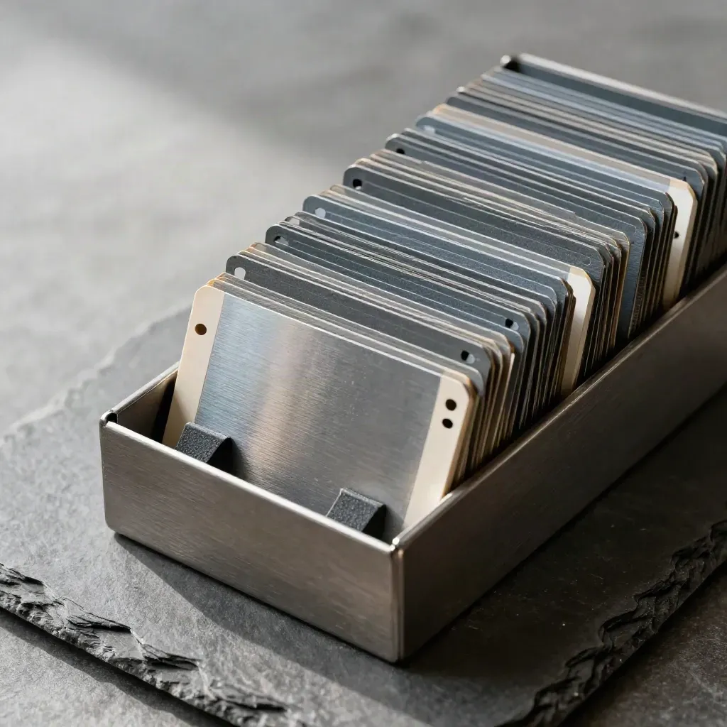 Cartes perforées dans un porte-cartes en métal, vue de dessus sur fond gris