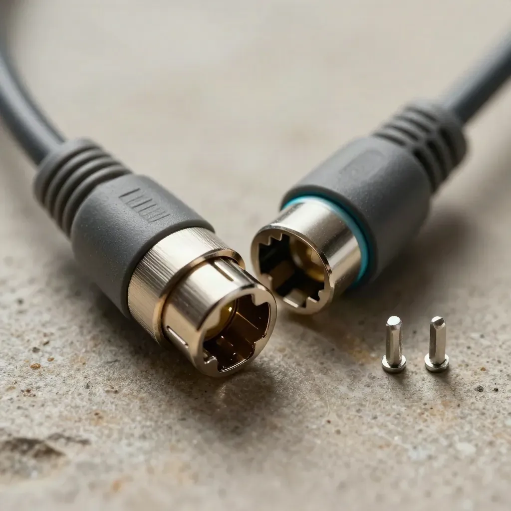 Macro de connecteurs RJ45 modulaires qui s’emboîtent sur une dalle minérale grise.
