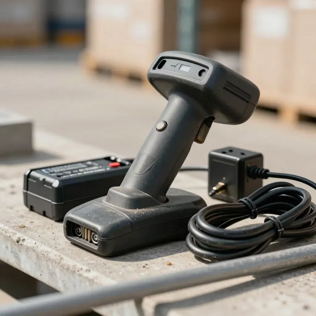 Scanner portatif, batterie, chargeur et câble enroulé sur une étagère de quai poussiéreuse.