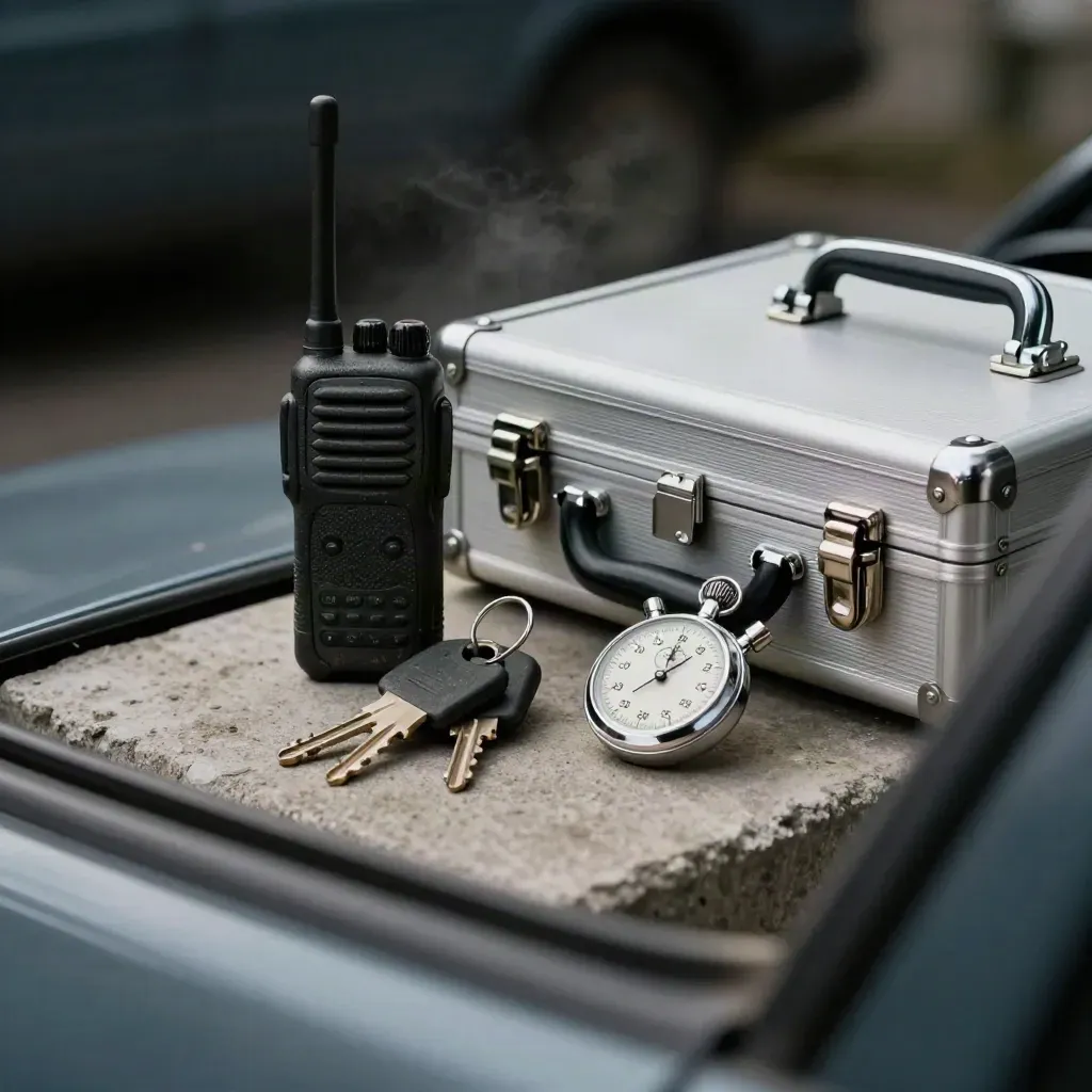 Talkie-walkie, clés véhicule, chronomètre et verrou de mallette sur un rebord de voiture.