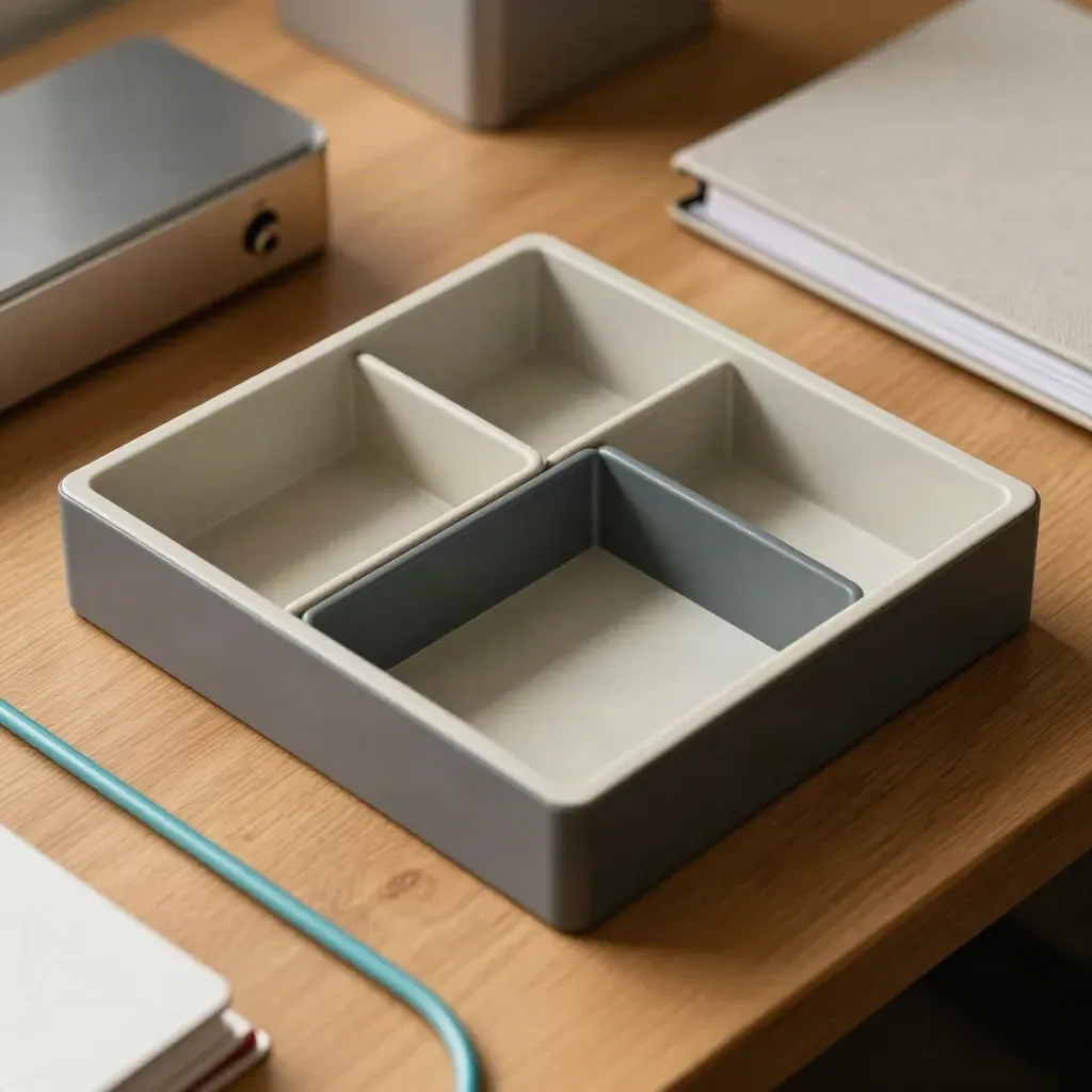 Bacs d’inbox modulaires, classeur fermé et goulotte de câbles sur bureau en bois.