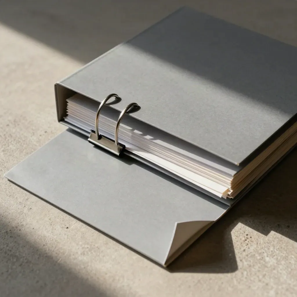 Chemises d’archive grises, anneaux de reliure et pochettes synthétiques sur fond sombre.