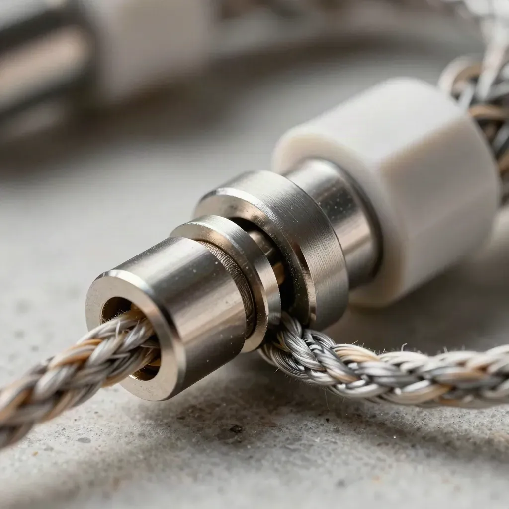 Anneaux en aluminium et câble tressé reliés à un bloc de connexion sur pierre claire.