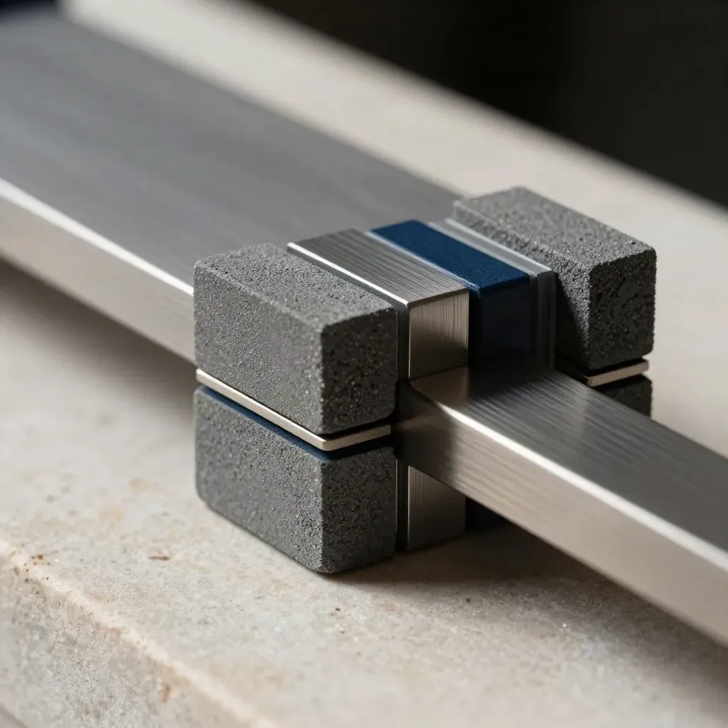 Blocs graphite et pont magnétique sur pierre claire, lumière dramatique.