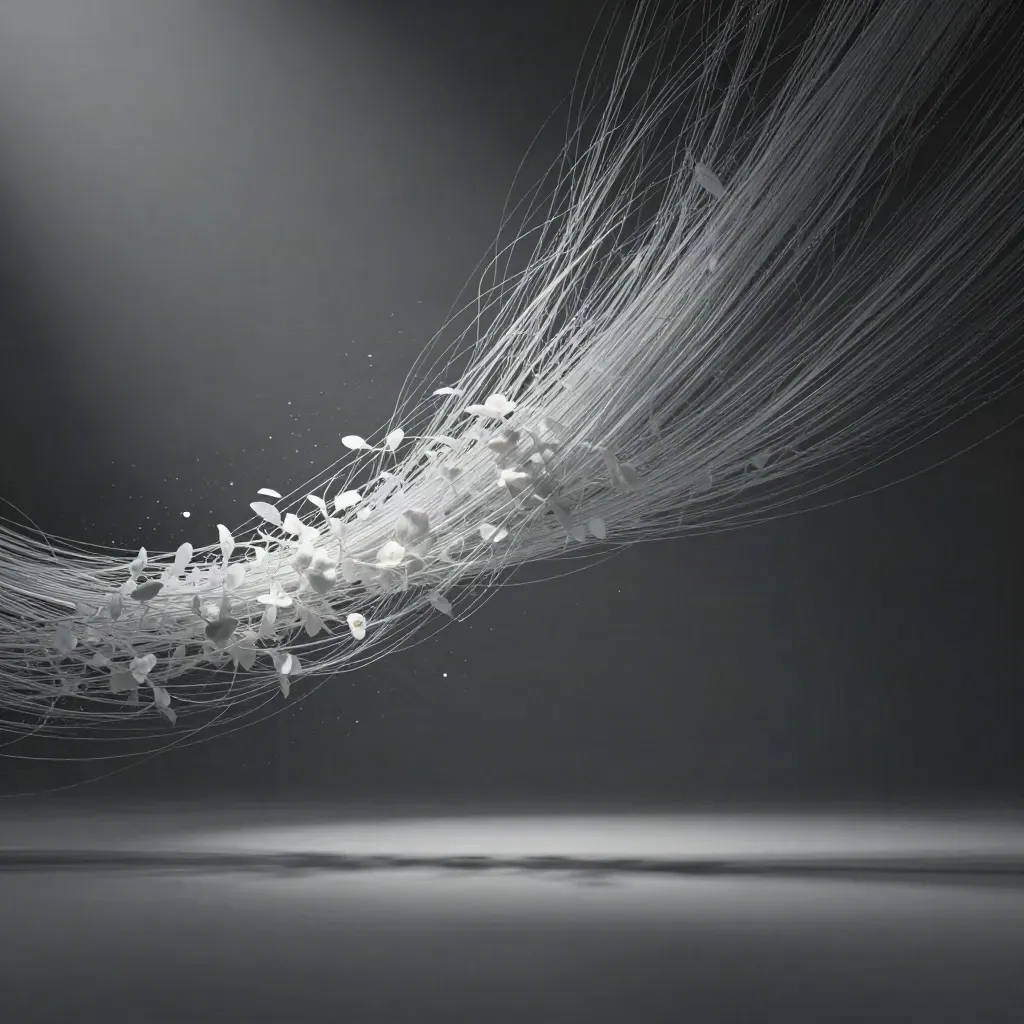 Filaments d’argent convergeant vers une lueur douce dans un vide graphite, avec brume et poussières lumineuses.